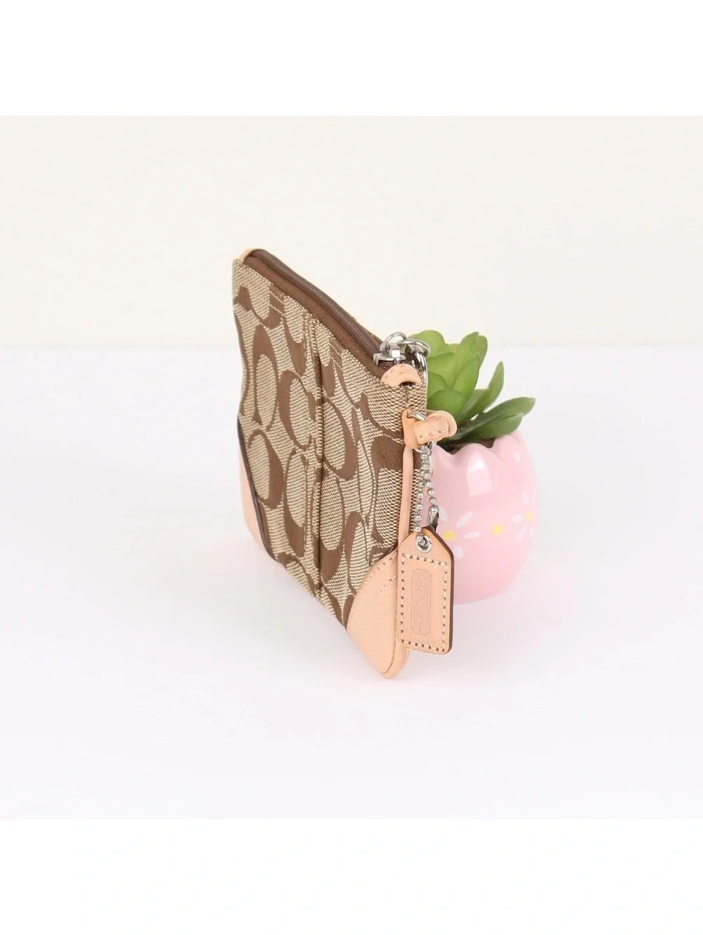 Coach Signature Canvas Zip Wristlet Peach Leather Trim